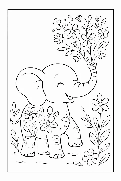 A friendly elephant spraying flowers in a garden on this printable elephant coloring page.