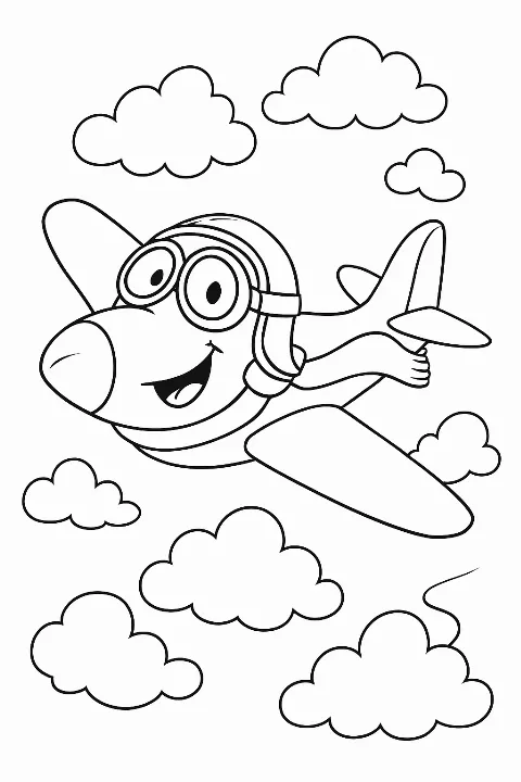 A cute cartoon jet wearing goggles on a funny jet pilot coloring page.