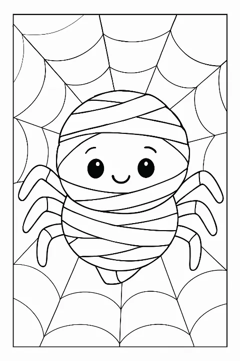 A happy cartoon spider wrapped in bandages on this cute mummy spider coloring page.