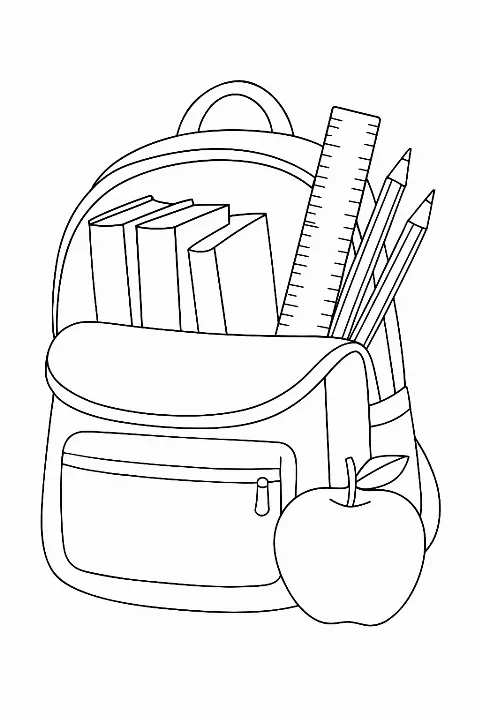 A detailed back to school supplies coloring page featuring an open backpack filled with books and stationery.