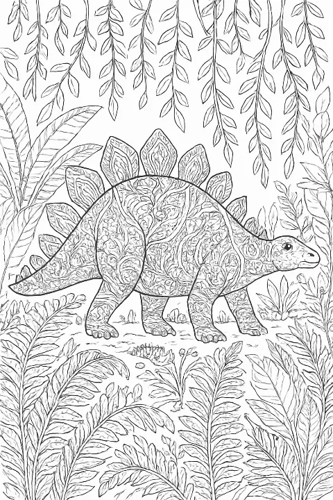 A detailed Stegosaurus jungle coloring page featuring intricate patterns and tropical plants.