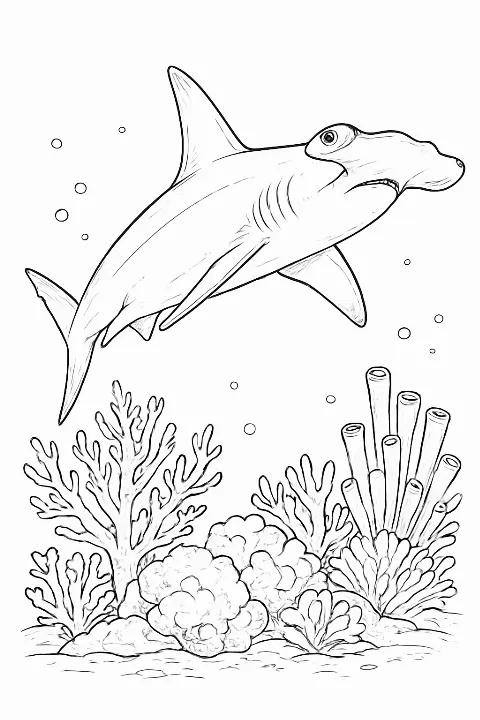 A realistic hammerhead shark swimming near coral for a fun hammerhead shark coloring page.