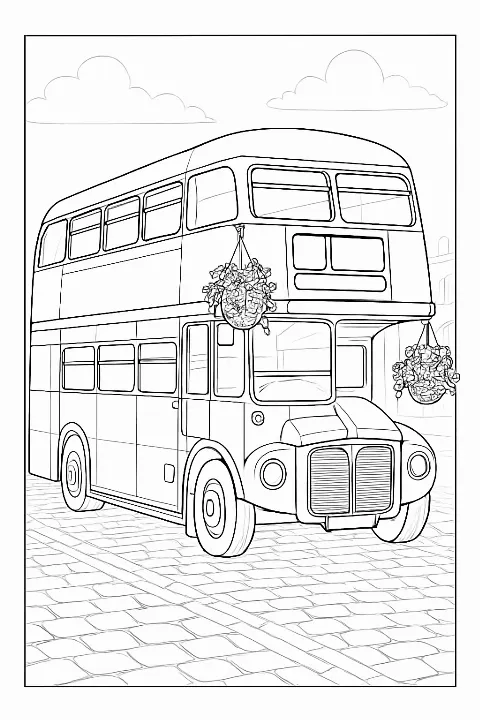 A detailed vintage tour bus coloring page with clear outlines and decorative floral accents.