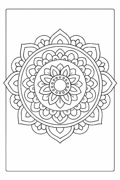 A zen mandala circles coloring page with symmetrical patterns and clear, bold line art.