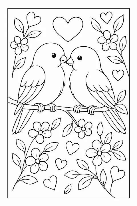 Two cute lovebirds on a flowering branch to enjoy on this Valentine's Day coloring page.