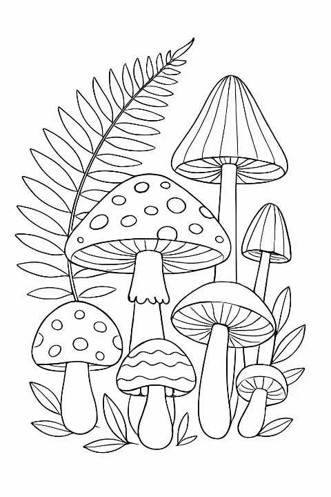 A detailed forest mushrooms coloring page featuring various fungi under a large fern leaf.