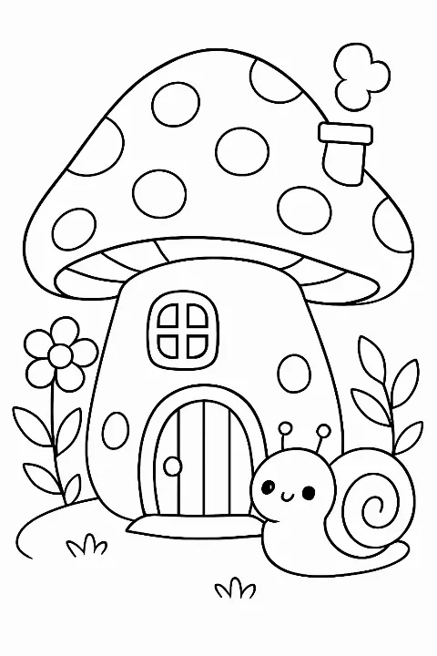 A cute mushroom house in a garden, ideal as a mushroom house coloring page for all ages.