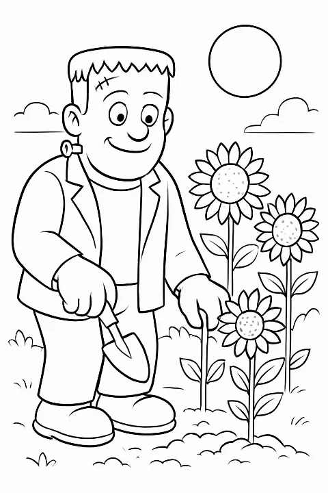 A friendly Frankenstein monster gardening in a patch of sunflowers on a coloring page.