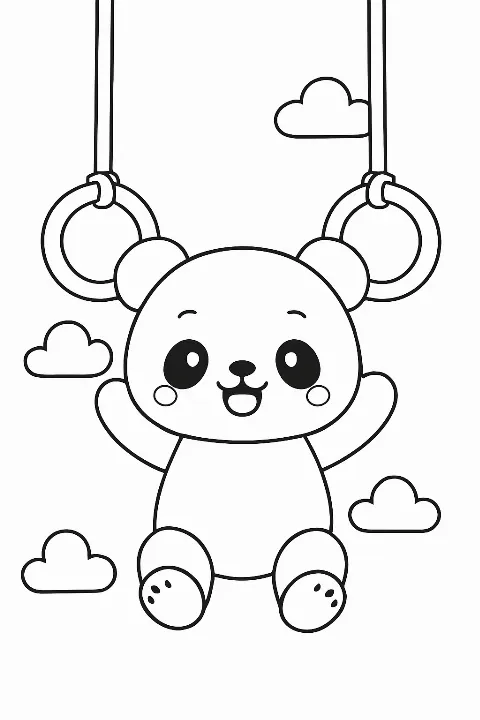 A cute panda doing a move on gymnastics rings in this gymnastics rings coloring page.