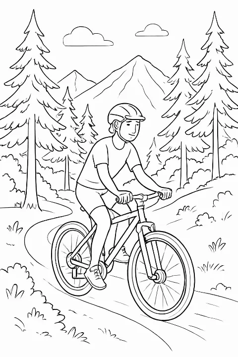 A detailed cyclist in nature coloring page featuring a rider on a beautiful forest trail.