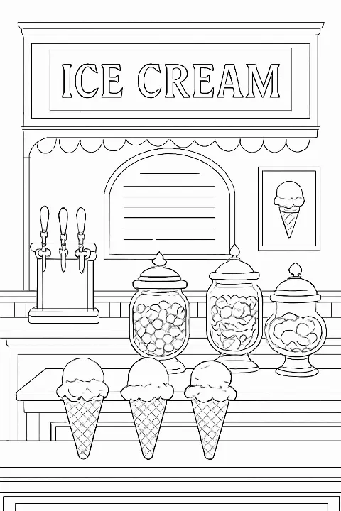 A detailed ice cream parlor coloring page showing a soda fountain and sweet scoops.