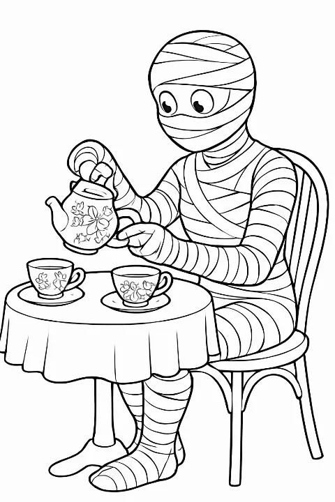 A friendly mummy pouring a cup of tea, featured on a mummy tea party coloring page for all ages.