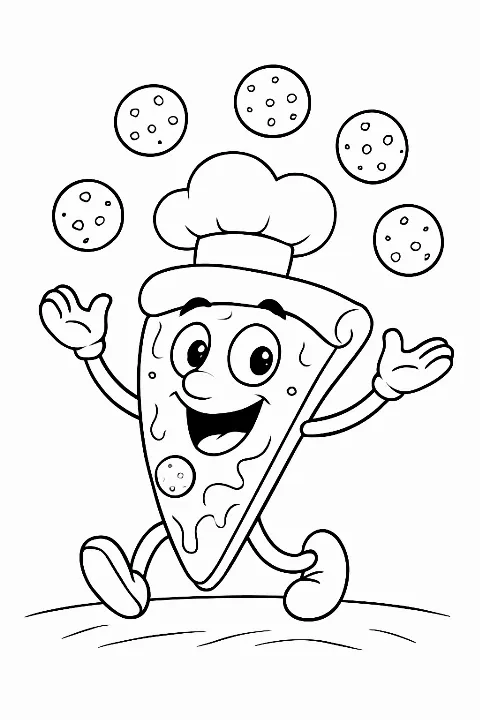 A cute pizza slice chef juggling ingredients on a pizza coloring page.