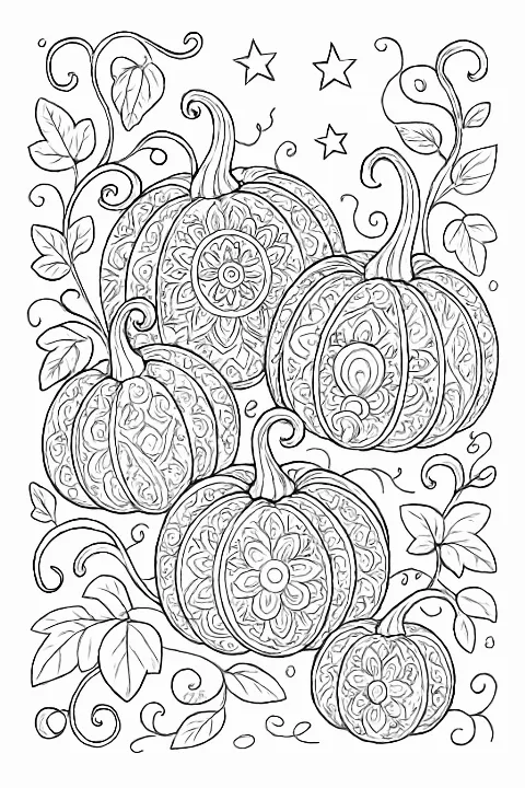 A highly detailed whimsical pumpkin patch coloring page with intricate mandala patterns and autumn leaves.