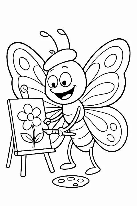 A happy butterfly wearing a beret and painting, featured on a fun butterfly coloring page.