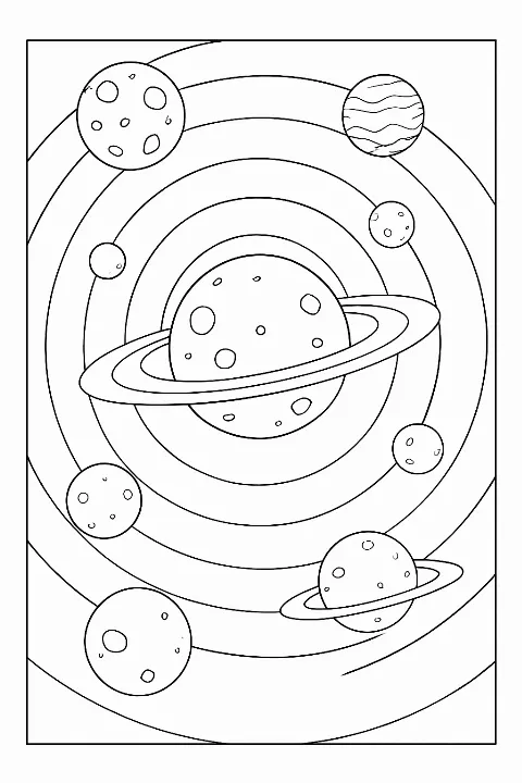 A detailed planetary orbit coloring page featuring concentric circles and various planets.