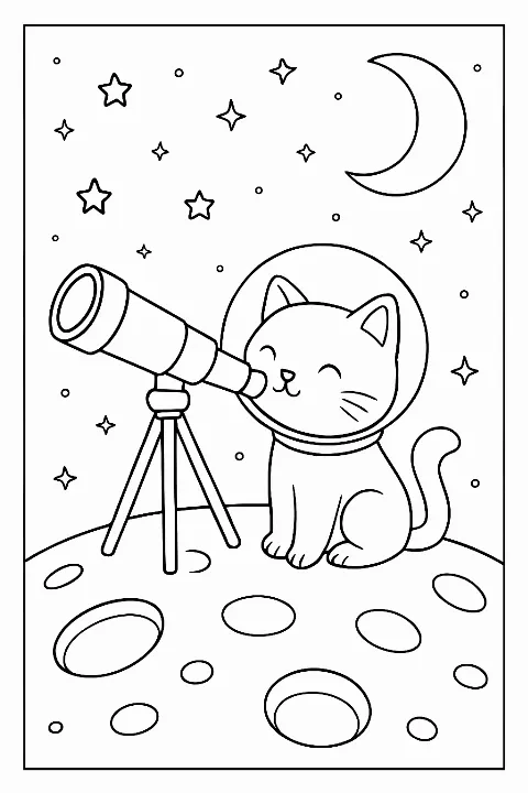 A cute cat wearing a space helmet peering through a telescope on the moon, lunar cat telescope coloring page.