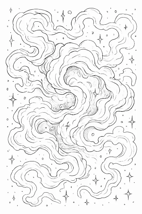 Detailed celestial nebula coloring page featuring swirling gas patterns and twinkling stars.