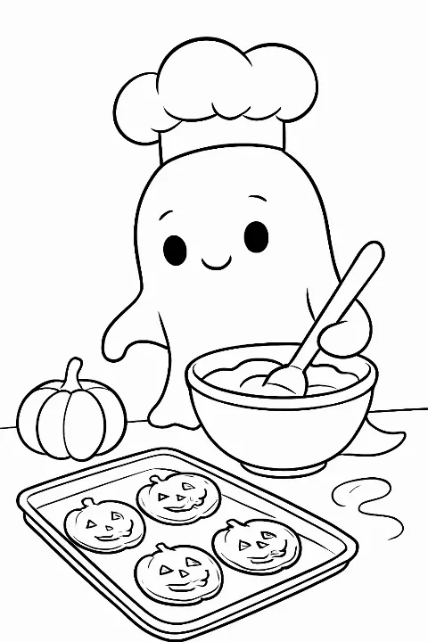 A friendly ghost wearing a chef hat in this baby ghost baking coloring page.