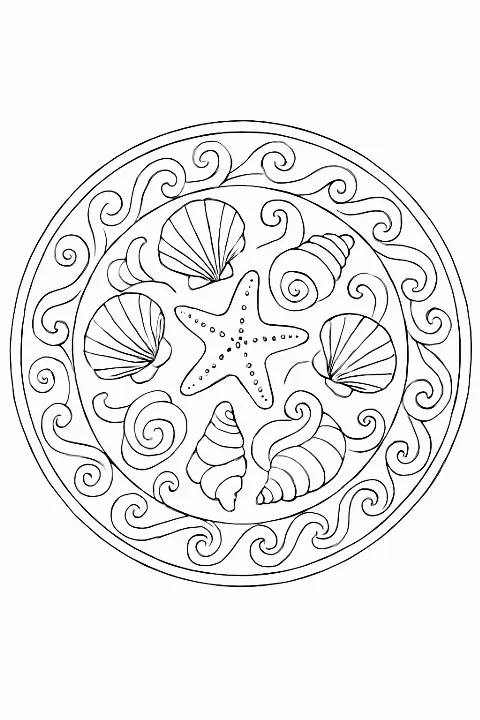 Detailed ocean mandala coloring page with seashells and waves for creative coloring.