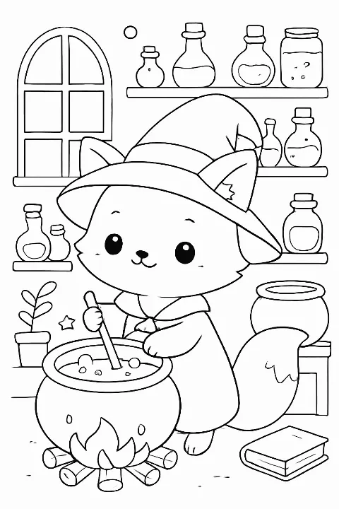 A cute fox witch mixing magical potions in a cosy potion shop coloring page.