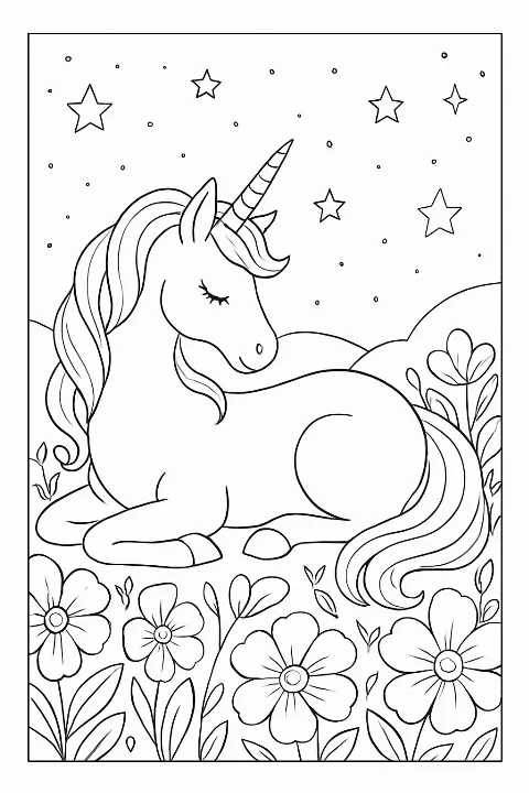 A beautiful unicorn in a flower garden on a printable unicorn coloring page.