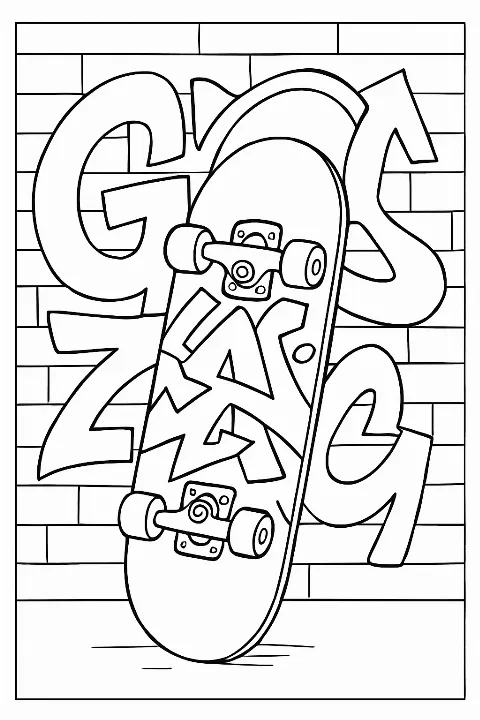 A detailed skateboard graffiti art coloring page featuring bold lines and creative patterns.