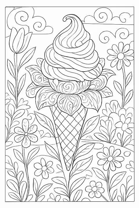 An intricate ice cream garden coloring page with floral cone patterns and swirling scoops.