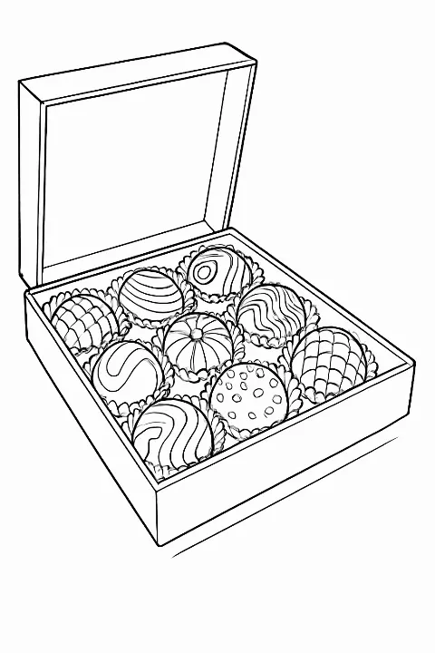 An intricate fancy chocolate bonbon coloring page featuring a box of assorted gourmet sweets.