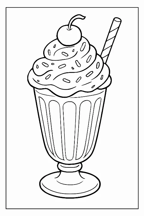 A decorative milkshake coloring page featuring whipped cream and sprinkles with bold, clean lines.