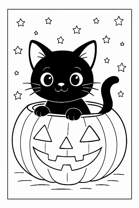 A festive black cat pumpkin coloring page featuring a cute kitten inside a glowing jack-o'-lantern.