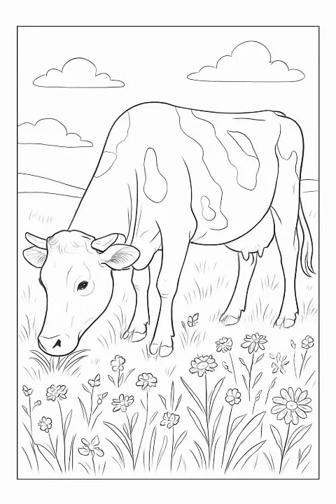 A realistic grazing cow coloring page featuring a peaceful meadow setting.