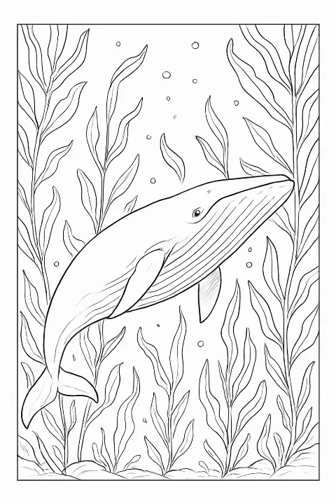 A detailed blue whale swimming near kelp for a realistic blue whale coloring page.