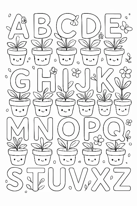 Cute letters A-Z in a magical garden setting on an alphabet garden coloring page.