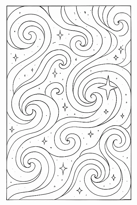 A celestial cosmic swirls coloring page featuring stars and flowing nebula patterns with clean black lines.