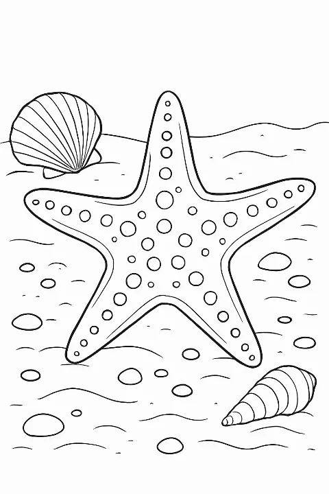Detailed starfish coloring page featuring natural textures on a sandy ocean floor background.