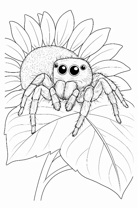 A detailed jumping spider on a leaf in a jumping spider coloring page.