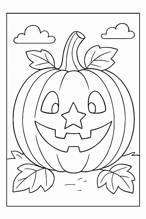 A smiling jack o lantern with simple shapes on an easy jack o lantern coloring page.