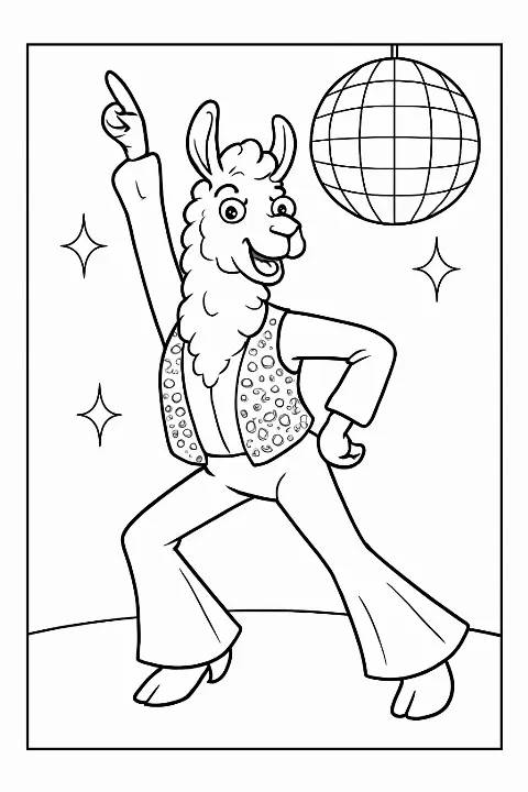 A happy llama wearing disco clothes and dancing, featured on a fun disco llama dancer coloring page.