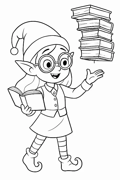A humorous elf librarian balancing floating books on this fun elf librarian coloring page.