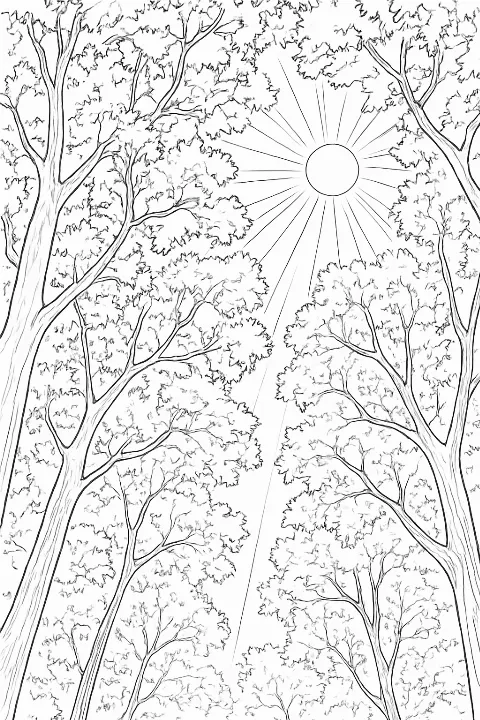A detailed sunlit forest canopy coloring page with clear outlines of trees and sunlight rays.