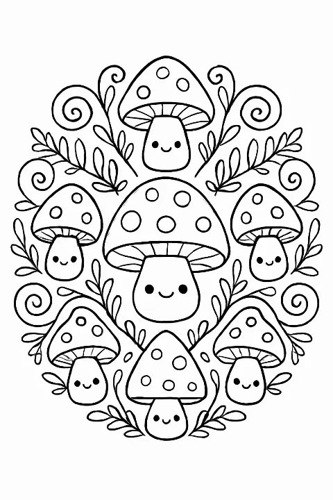 A beautiful mushroom mandala coloring page featuring cute forest fungi and ferns.