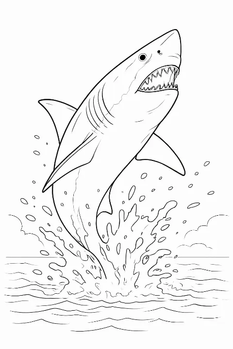 Detailed great white shark breaching the waves in a clean line art style for a great white shark coloring page.