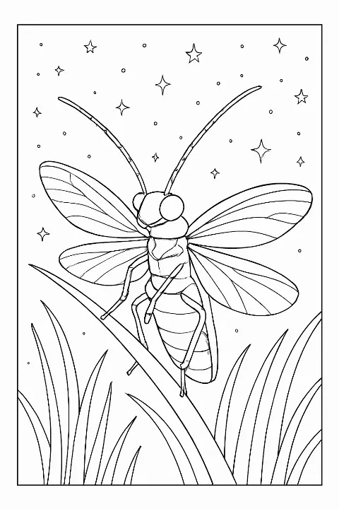 Detailed firefly meadow coloring page featuring a lifelike insect on a grass blade under twinkling stars.