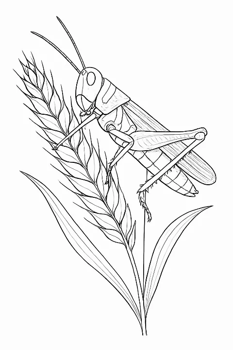 A realistic grasshopper coloring page featuring an insect resting on a textured blade of wheat.