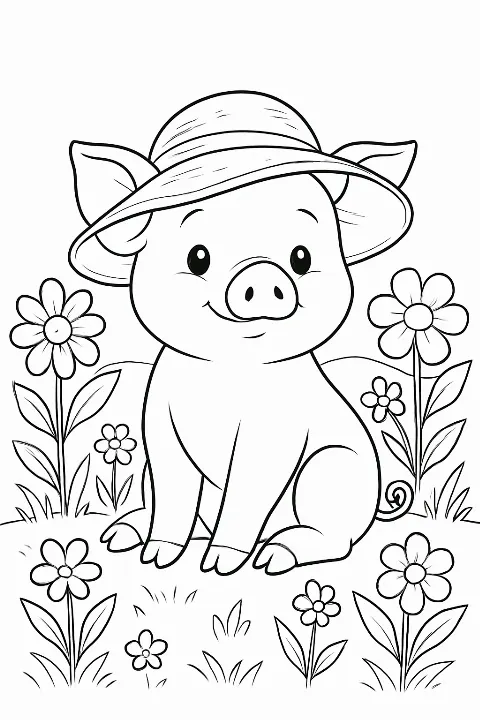 Cheerful piglet in a flower garden piglet in a garden coloring page