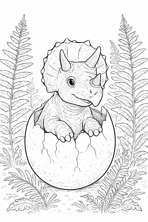 Detailed hatching triceratops coloring page featuring a baby dinosaur in a nest.