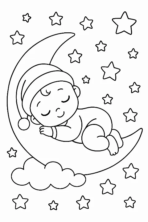 A cute drawing of a baby sleeping on a moon for a baby nursery stars coloring page.