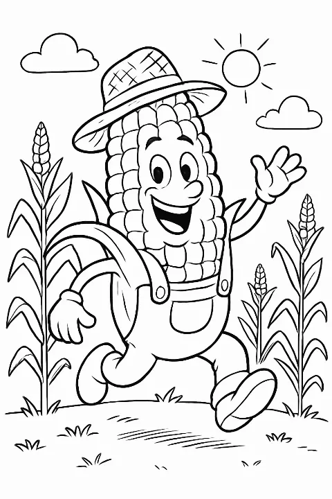 A whimsical dancing corn cob character in a field on a funny corn harvest coloring page.