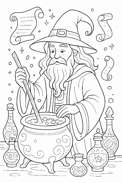 A detailed whimsical potion wizard coloring page featuring a magic cauldron and floating scrolls.